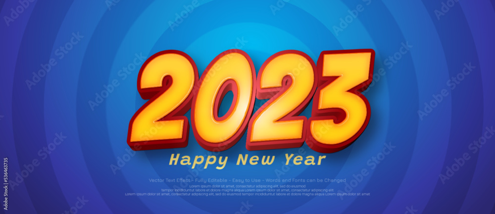 3D style text number effect 2023 happy new year on blue background