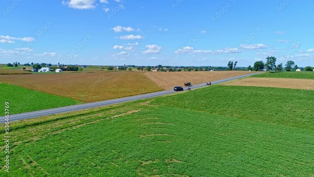 Aerial View of an Amish Family Approaching Walking Down a Country Road While A Horse and Buggy Passes Aerial View of an Amish Family Approaching Walking Down a Country Road While A Horse and Buggy Passes
