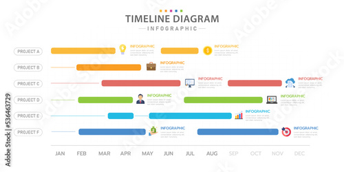 Infographic template for business. 12 Months modern Timeline diagram calendar with topic icons, presentation vector infographic.