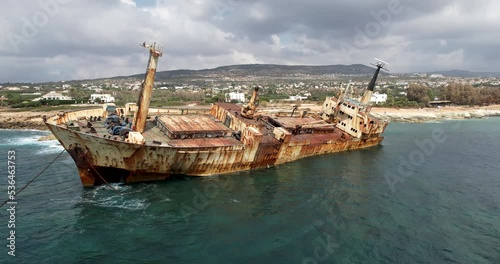 Aerial view of abandoned ship wreck EDRO III in Pegeia, Paphos, Cyprus.