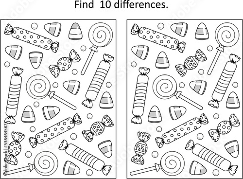 Halloween candy difference game and coloring page
