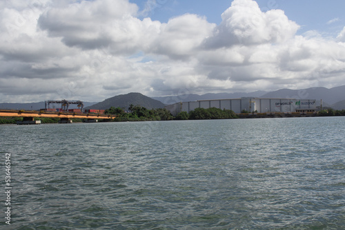 Terminal Ilha do Barnabé em Santos - SANTOS, SP, BRAZIL - AUGUST 11, 2022: DP World Suzano container terminal on Barnabe Island seen from the Santos Estuary.