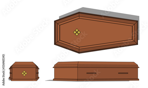 Coffin Halloween vampire 3d with the closed wooden coffin. front view, top view, and side view and Perspective used for decoration of Halloween celebrations