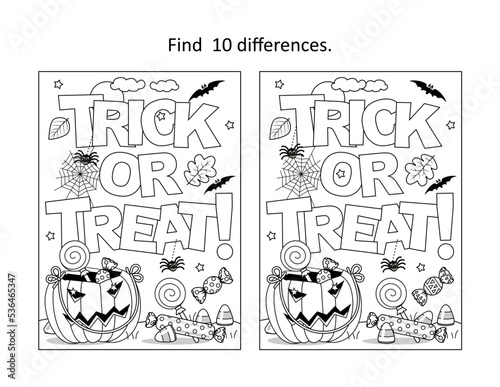Halloween "Trick or treat!" find the differences picture puzzle and coloring page
