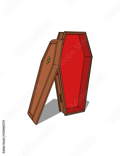 3d Coffin Halloween Vampire with wooden coffin cover open. Perspective view. -vector