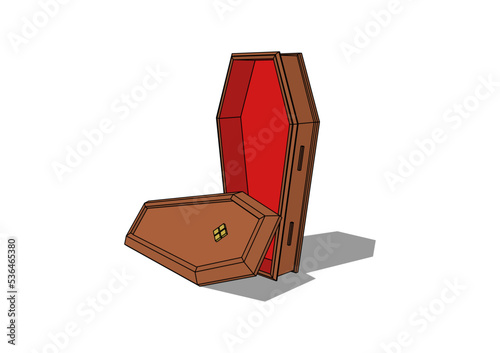 3d Coffin Halloween Vampire with wooden coffin cover open. Perspective view. -vector