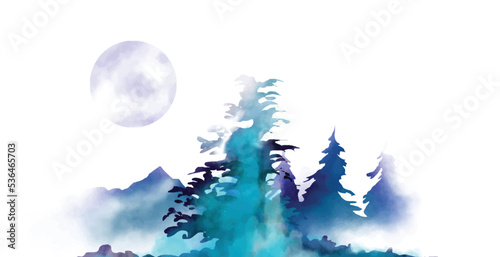 watercolour landscape mountain and pine background for art print and design