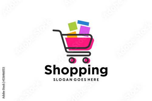 Online shop logo with gradient line art arrow style and business card design template Premium Vector
