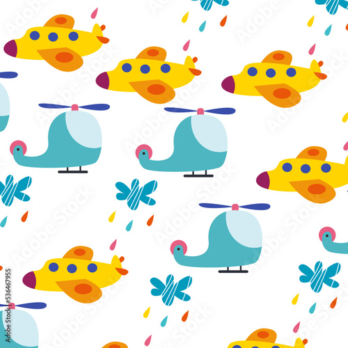 Seamless pattern with cute planes and helicopters perfect for wrapping paper