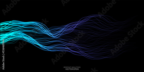 AI Artificial intelligence wave lines neural network purple blue and green light isolated on black background. Vector in concept of technology, machine learning, A.I.