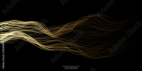 Vector wave lines smooth flowing dynamic gold gradient light isolated on black background for concept of luxury, technology, digital, communication, science, music