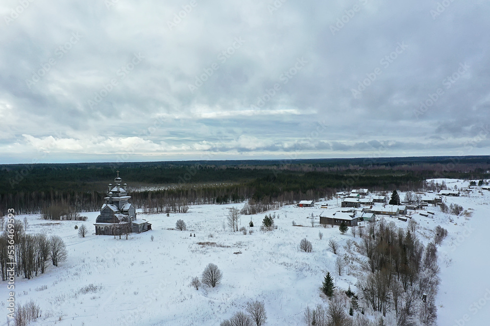 wooden church winter top view, landscape russian north architecture wooden church winter top view, landscape russian north architecture