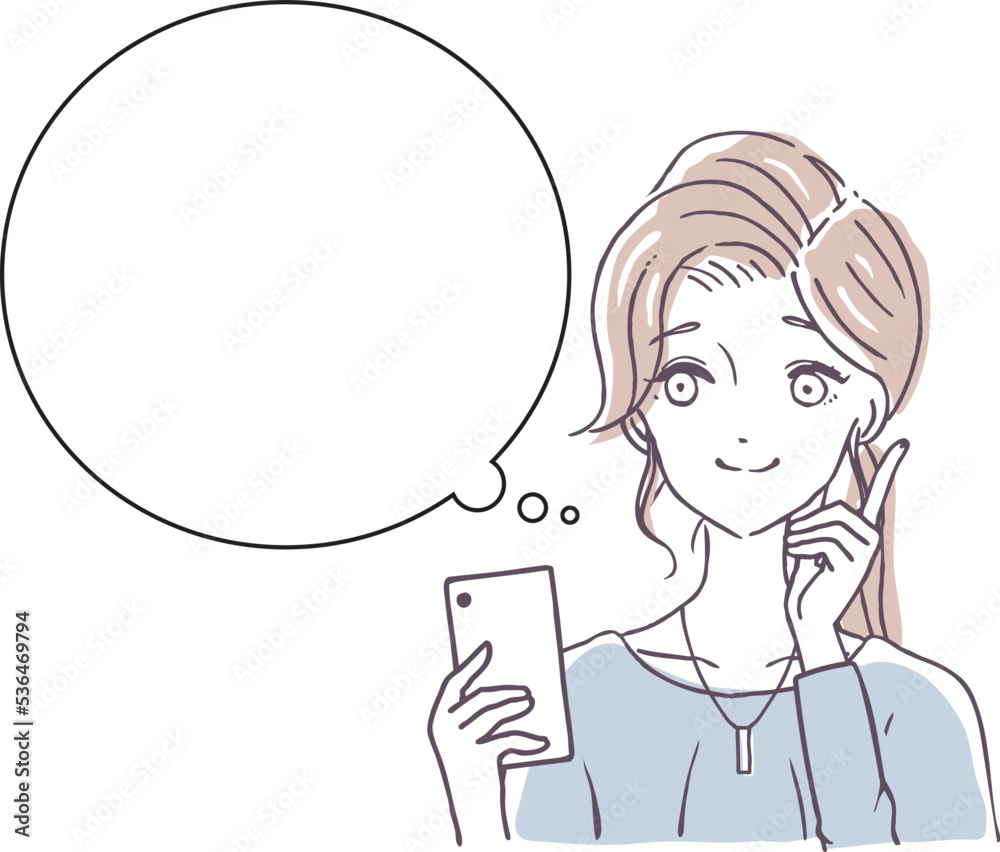 スマホを持って考える女性　ふきだし　吹き出し　考え事　思う　空欄　コピースペース　イラスト素材