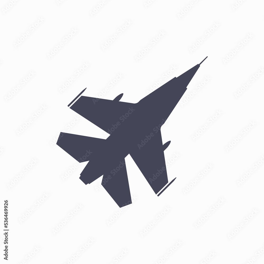 Jet fighter silhouette. Aircraft top view icon. Flat vector illustration isolated on white background. Jet fighter silhouette. Aircraft top view icon. Flat vector illustration isolated on white background.