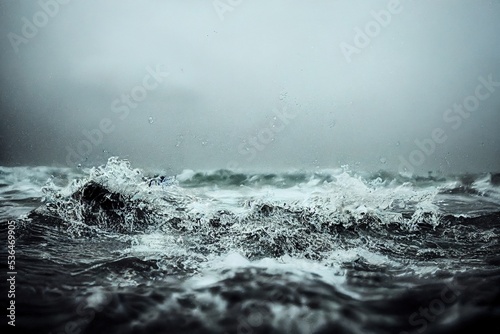 sea wave during storm in the ocean with big clouds and rain.