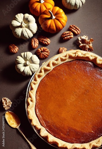 Food photography scene of a pumpkin pie with walnuts and leaves in a fall setting.