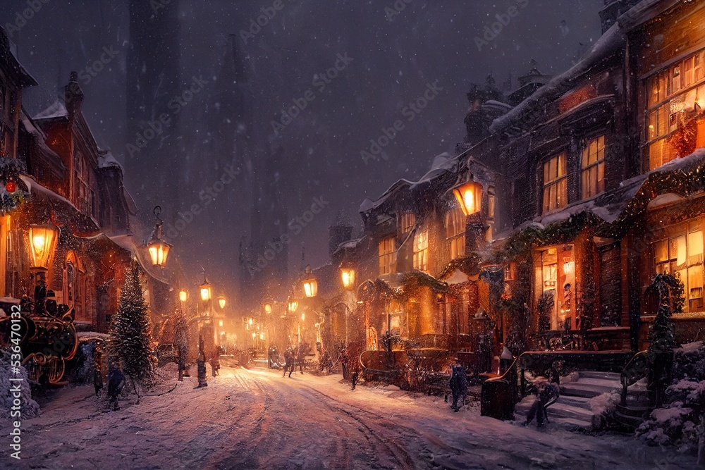 Snowy street with Christmas trees and lights Snowy street with Christmas trees and lights