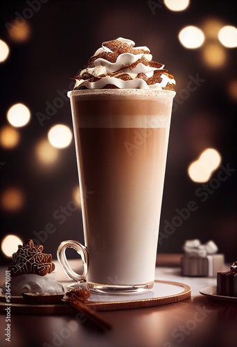 hot chocolate thanksgiving food photography photo with christmas lights and cookies and snowflakes.