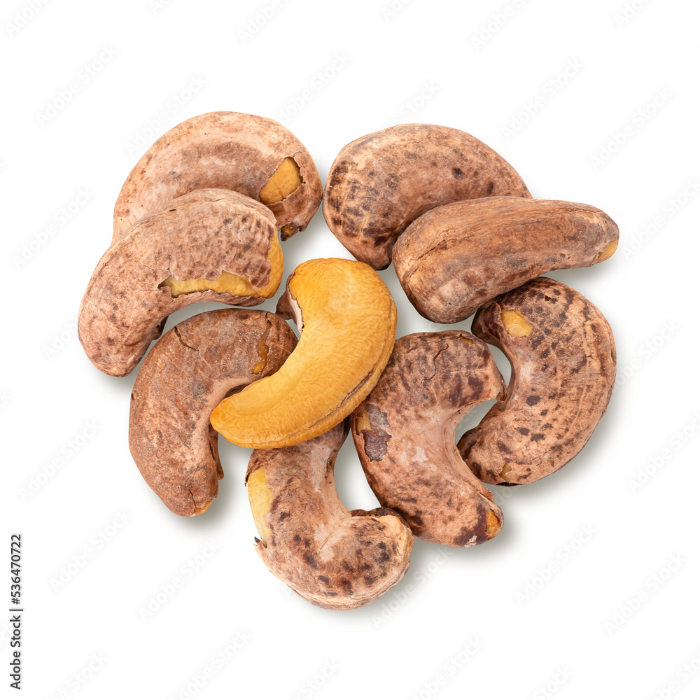 Roasted cashew nuts isolated on alpha background.