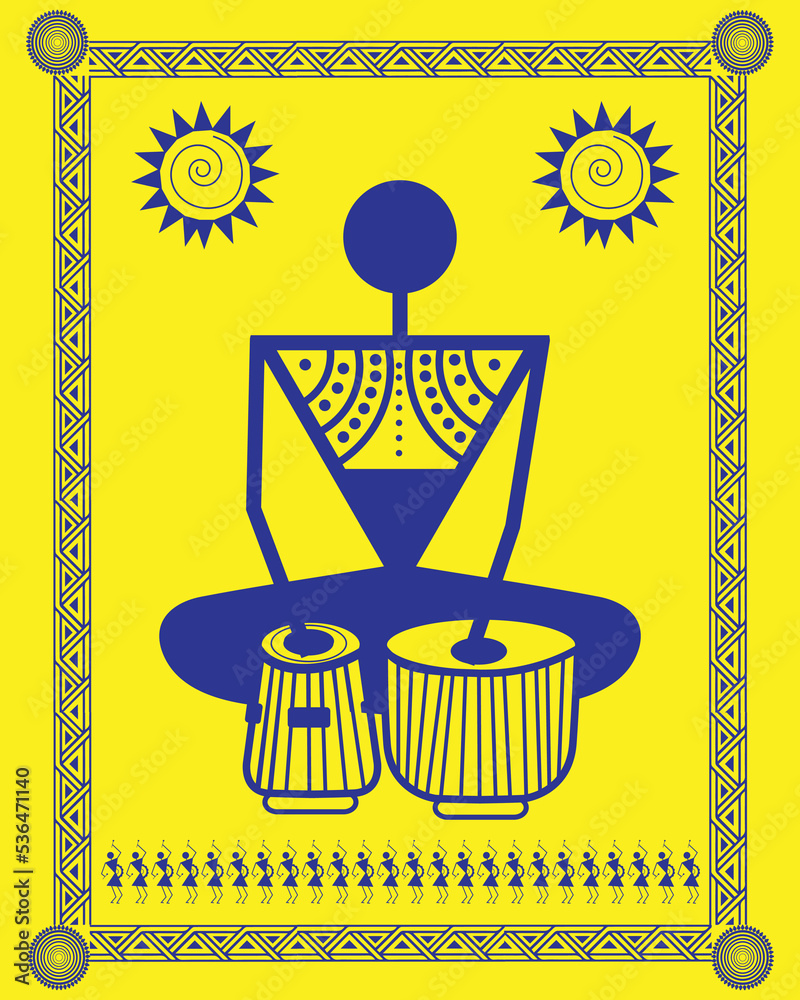 Indian Tabla musician warli painting, art, illustration, vector