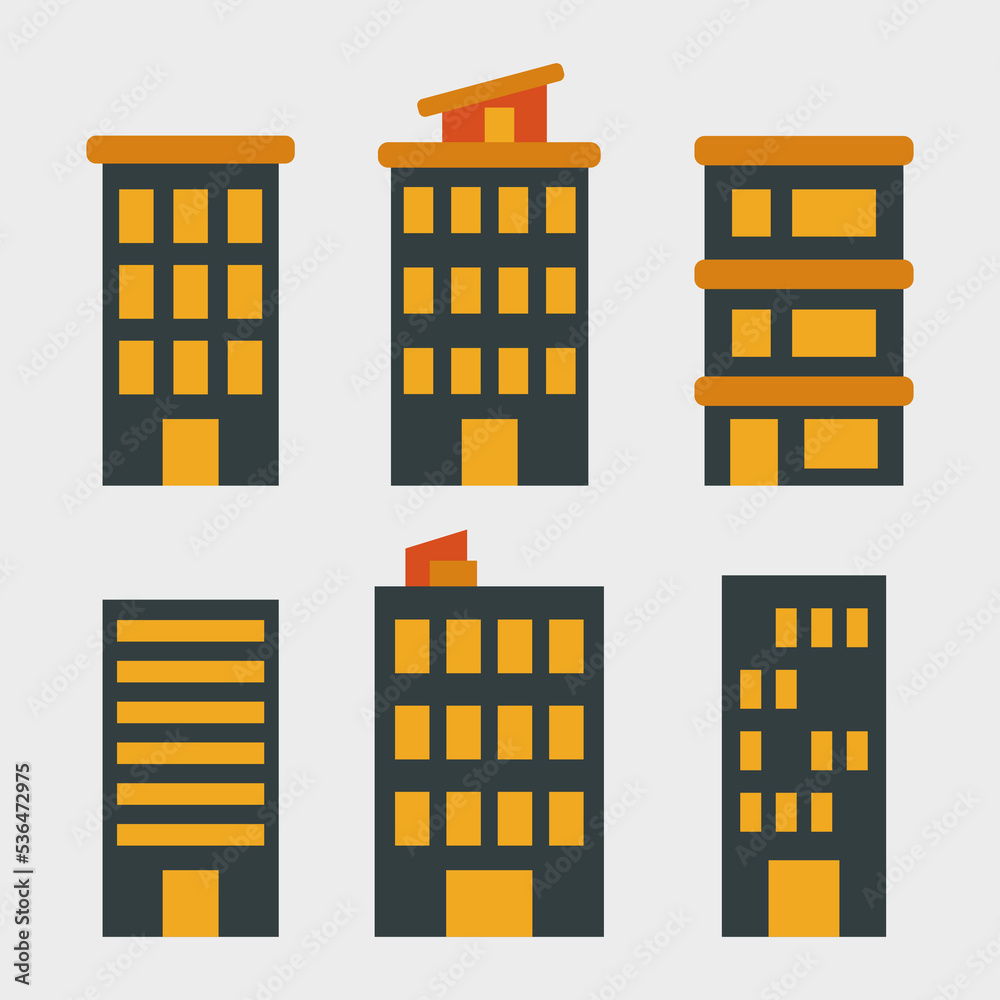 set of city building or sky scraper, elements for web design, poster, flyer, banner, app design. orange, grey, yellow theme flat illustration.
