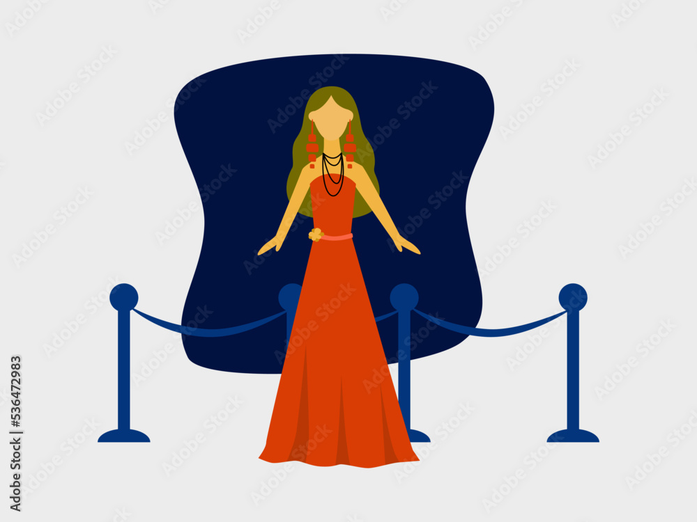 Girl with beautiful orange gown or dress in red carpet event flat vector illustration for promotion and marketing templates, design element or resource Girl with beautiful orange gown or dress in red carpet event flat vector illustration for promotion and marketing templates, design element or resource