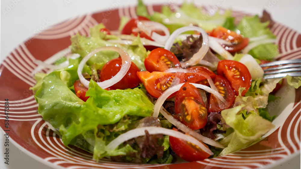 simple salad that consists of a bunch of tomatoes, onion, and lettuce poured with dressing to make it salty
