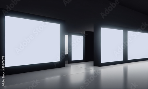 Empty frames in gallery. Abstract interior white wall frames for presentation or advertisement. 3D rendering image.