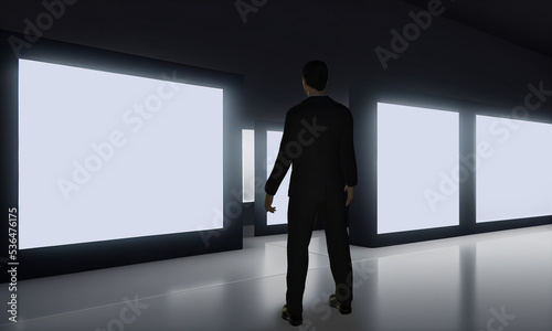 Businessman watching frames in gallery. Abstract interior blank wall frames for presentation or advertisement. 3D rendering image.