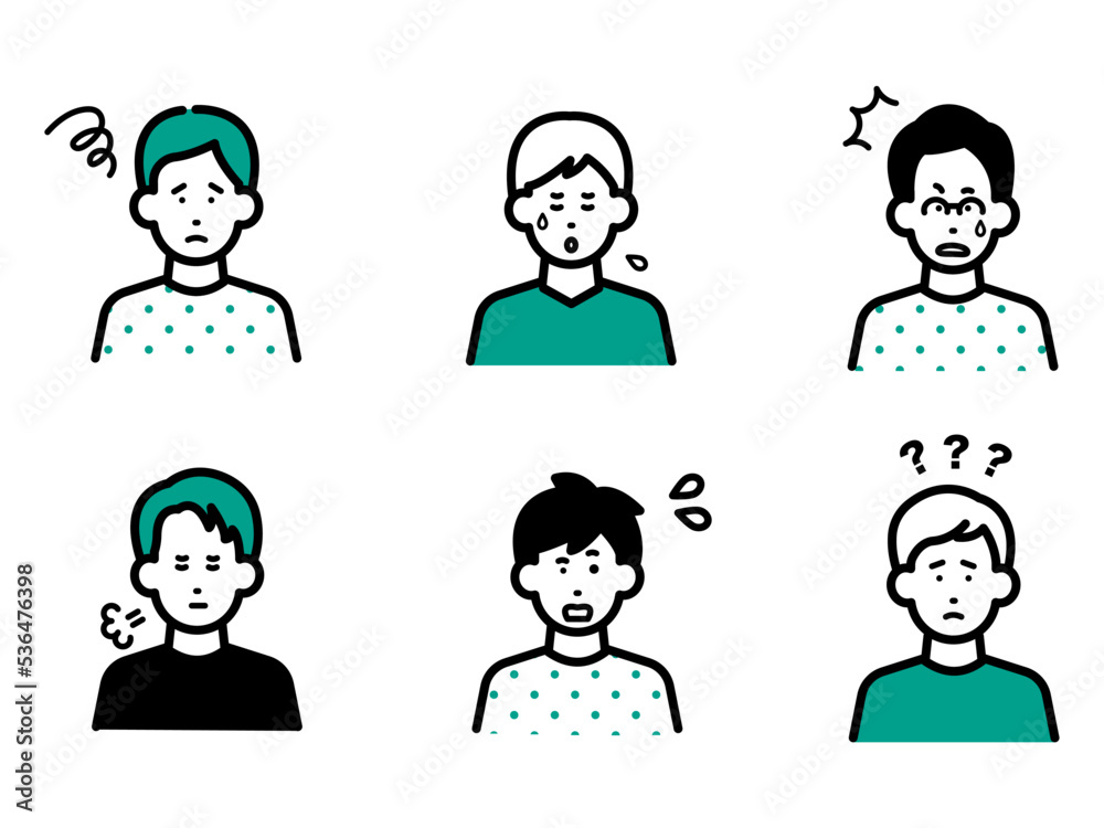 ネガティブな表情の男性のアバターイラストセット ネガティブな表情の男性のアバターイラストセット