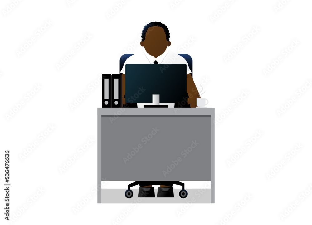 African american businessman sitting at the desk on white background African american businessman sitting at the desk on white background