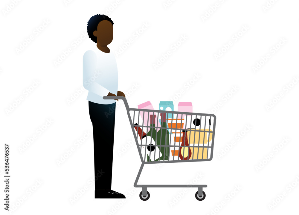 African american man with shopping cart full of grocerieson white background African american man with shopping cart full of grocerieson white background