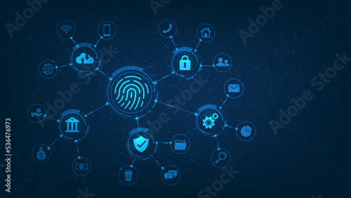 fingerprint scanning and biometric technology element. on blue dark background. cloud data storage and identification. security for protection internet of thing. vector illustration digital fantastic.
