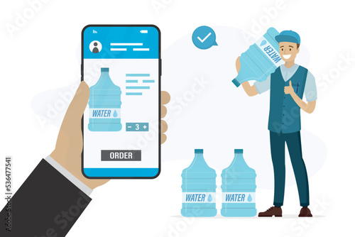 Smartphone with app for ordering pure water. Male courier delivered fresh water. Deliveryman holds big bottle of pure water in hand. Delivery service.