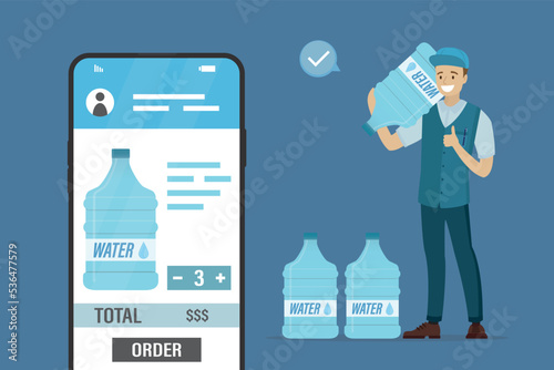 Smartphone with app for ordering pure water. Male courier delivered fresh water. Deliveryman holds big bottle of pure water in hand. Delivery service.
