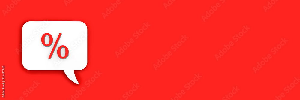 Red percent sign on white message board. Interest withdrawal signal. Discount notifications. Message on a red background. Horizontal image. Banner for insertion into site. 3D image. 3D rendering. Red percent sign on white message board. Interest withdrawal signal. Discount notifications. Message on a red background. Horizontal image. Banner for insertion into site. 3D image. 3D rendering.