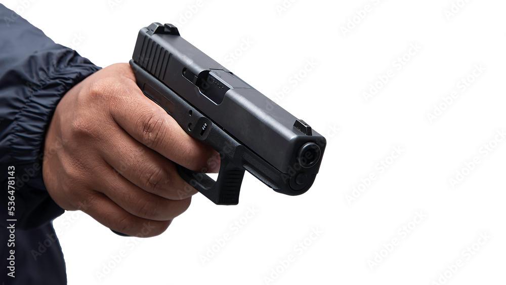 Hand of Burglar or terrorist. Holding pistol in various poses on isolated background with clipping path. Hand of Burglar or terrorist. Holding pistol in various poses on isolated background with clipping path.