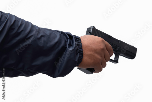 Hand of Burglar or terrorist. Holding pistol in various poses on isolated background with clipping path.