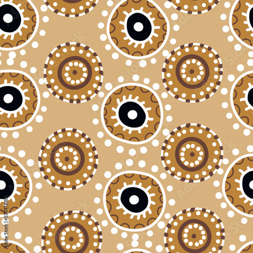 Seamless pattern with geometric aboriginal ornament. Ethnic tribal rounded color background. Afican, australian motiph. Dots painting. Vector illustration, template design for cloth, card, fabric