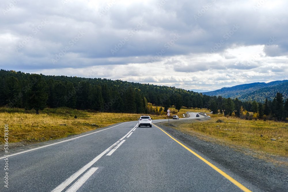 Fototapeta premium Mountain roadway. Road in autumn forest in Siberia. Trees with orange foliage. Landscape with empty asphalt road through woodland, blue sky, high rocks in fall. Travel concept. 