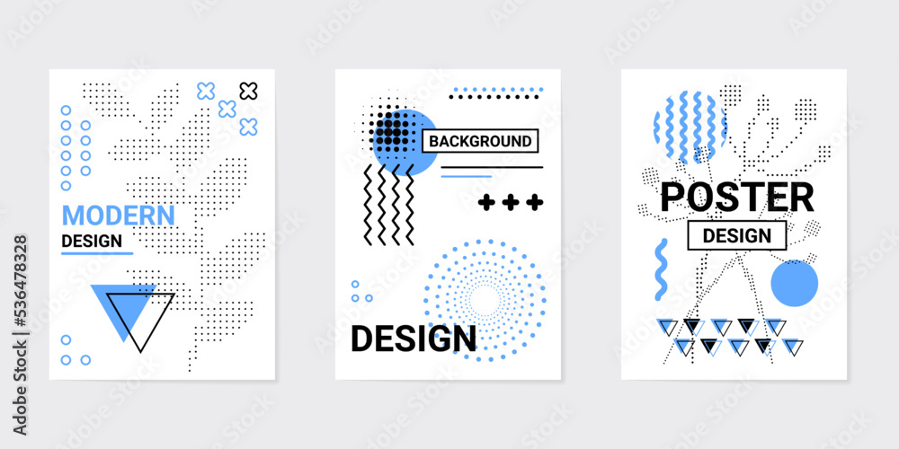 Abstract design posters, graphic shapes. Fashion geometric elements, modern line art circle triangle and square. Contemporary halftone white and blue colors. Vector minimal banners set