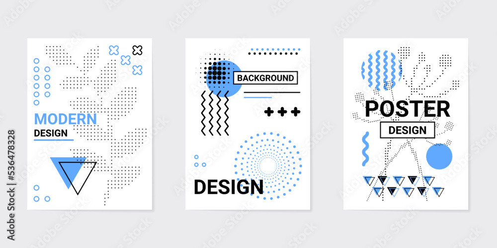 Abstract design posters, graphic shapes. Fashion geometric elements, modern line art circle triangle and square. Contemporary halftone white and blue colors. Vector minimal banners set Abstract design posters, graphic shapes. Fashion geometric elements, modern line art circle triangle and square. Contemporary halftone white and blue colors. Vector minimal banners set