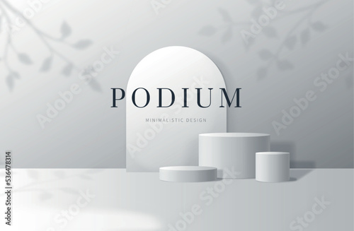 Podium stand, 3d white studio stage for product presentation. Minimal platform, pedestal and ach frame, cylinder display mockup, wall scene with leaves branches shadows. Vector background