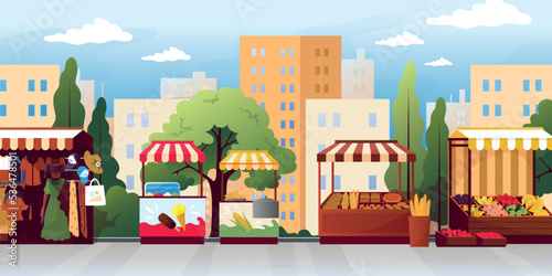 Street market. Farm food booth. Fresh fruits and vegetables kiosk with striped roof canopy. Outdoor marketplace. Ice cream and corn stall. Vector cartoon urban market landscape background
