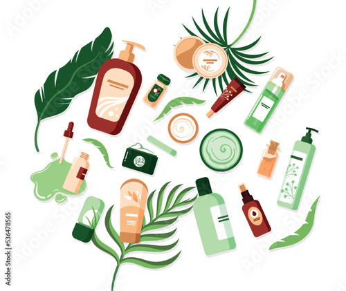 Skin care products, jar cosmetic top view composition. Organic beauty cream, natural doodle bottle, eco lotion or serum face and hand tubes. Palm green leaves. Vector illustration design