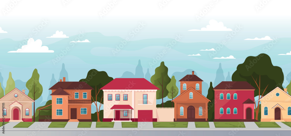 Street houses, neighbourhood home road. Suburban town, residence on asphalt, nature garden. Cute small city and village, cottages landscape with green trees. Vector cartoon flat illustration