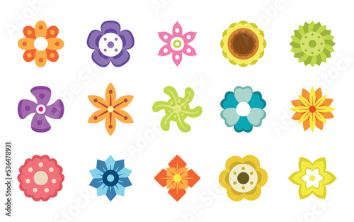 Cute cartoon flowers, spring stickers. Daisy retro icon, pink blue and green easter garden, mother day decoration. Petals abstract shapes. Flat botanical collection. Vector graphic pattern