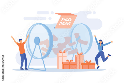 Lucky tiny people turning raffle drum with tickets and winning prize gift boxes. Prize draw, online random draw, promotional marketing concept. flat vector modern illustration