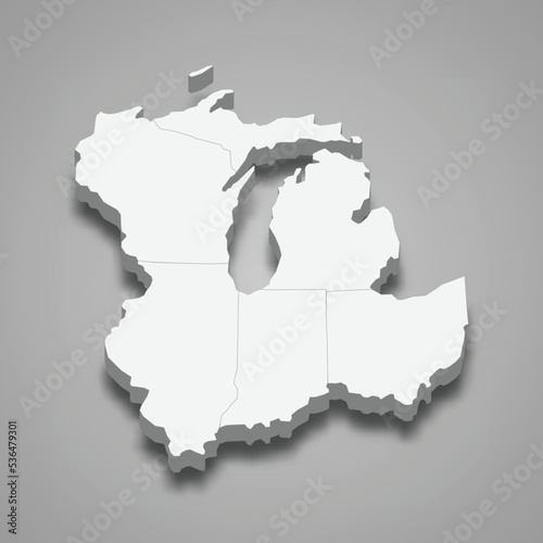 3d isometric map East North Central Region of United States