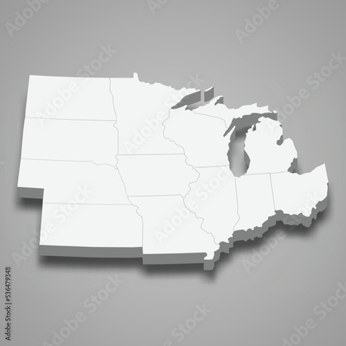 3d isometric map Midwest Region of United States